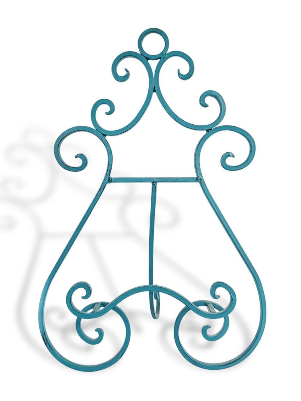 Vintage Iron Display Easel Photo Stand Teal Distressed Scrollwork